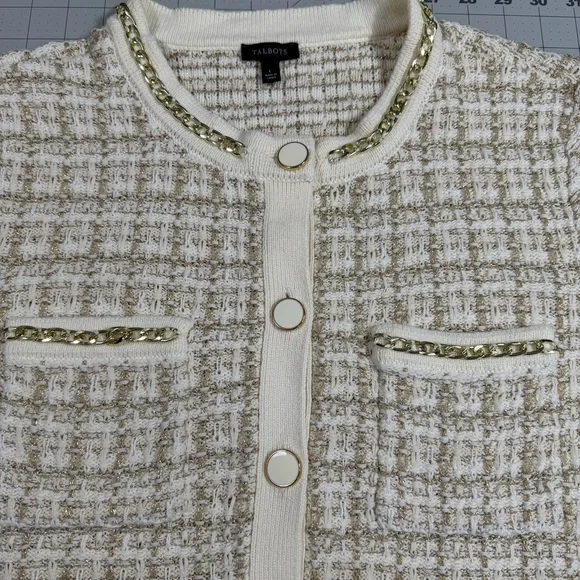 Talbots Ivory Metallic Jacquard Chain Trim Knit Short Sleeve Cardigan, Large - Picture 5 of 9